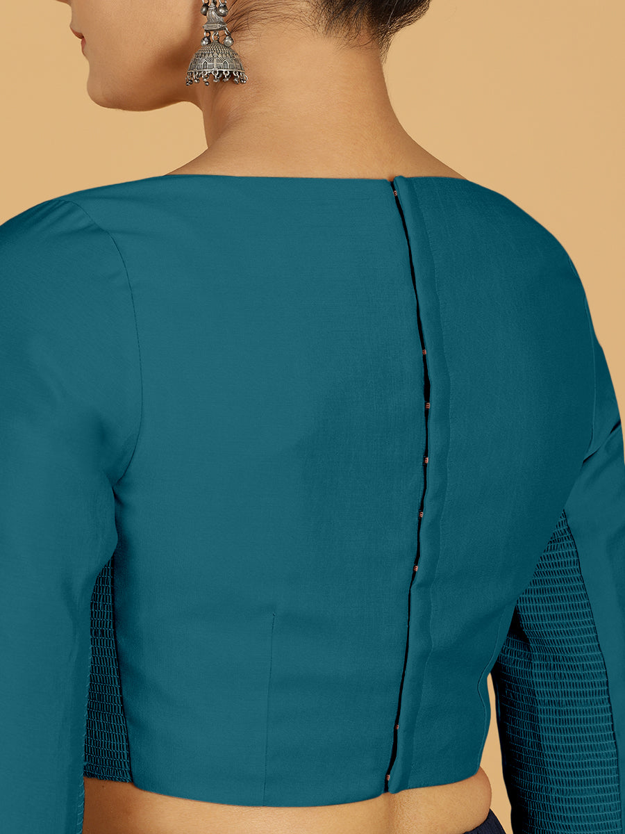 Tamanna x Rozaana Saree Blouse, in Green Viscose, featuring three quarter sleeves and boat neckline, made for daily & work.