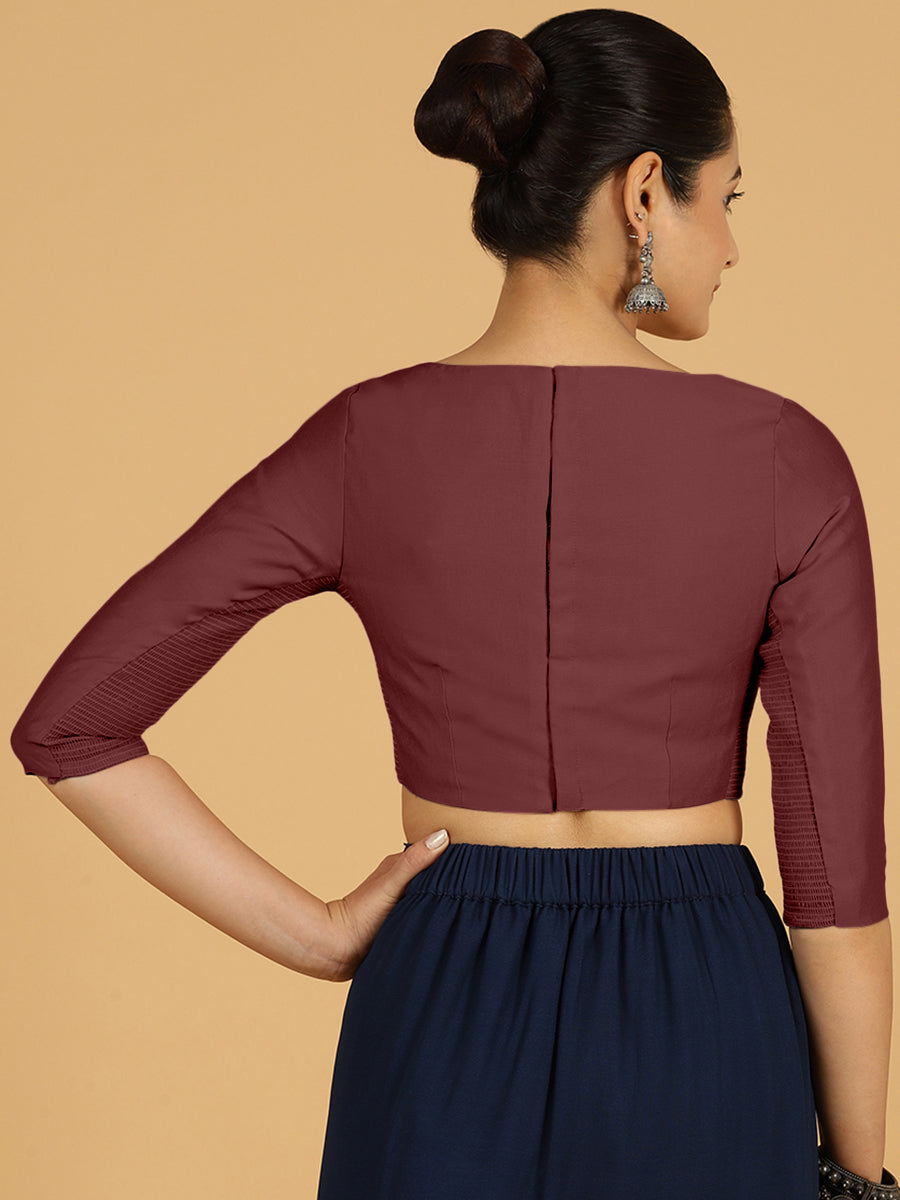 Tamanna x Rozaana Saree Blouse, in Maroon Viscose, featuring three quarter sleeves and boat neckline, made for daily & work.
