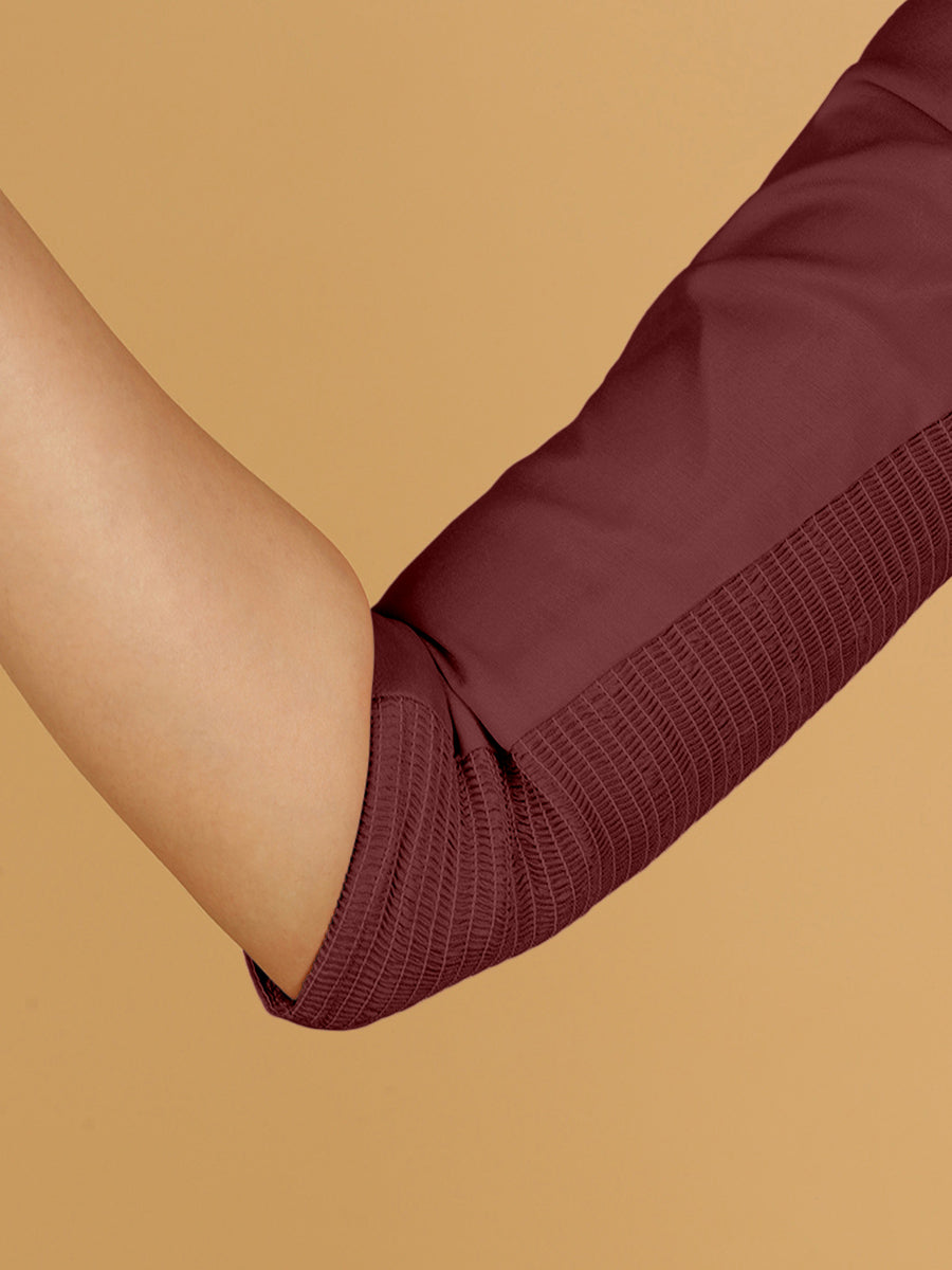 Tamanna x Rozaana Saree Blouse, in Maroon Viscose, featuring three quarter sleeves and boat neckline, made for daily & work.