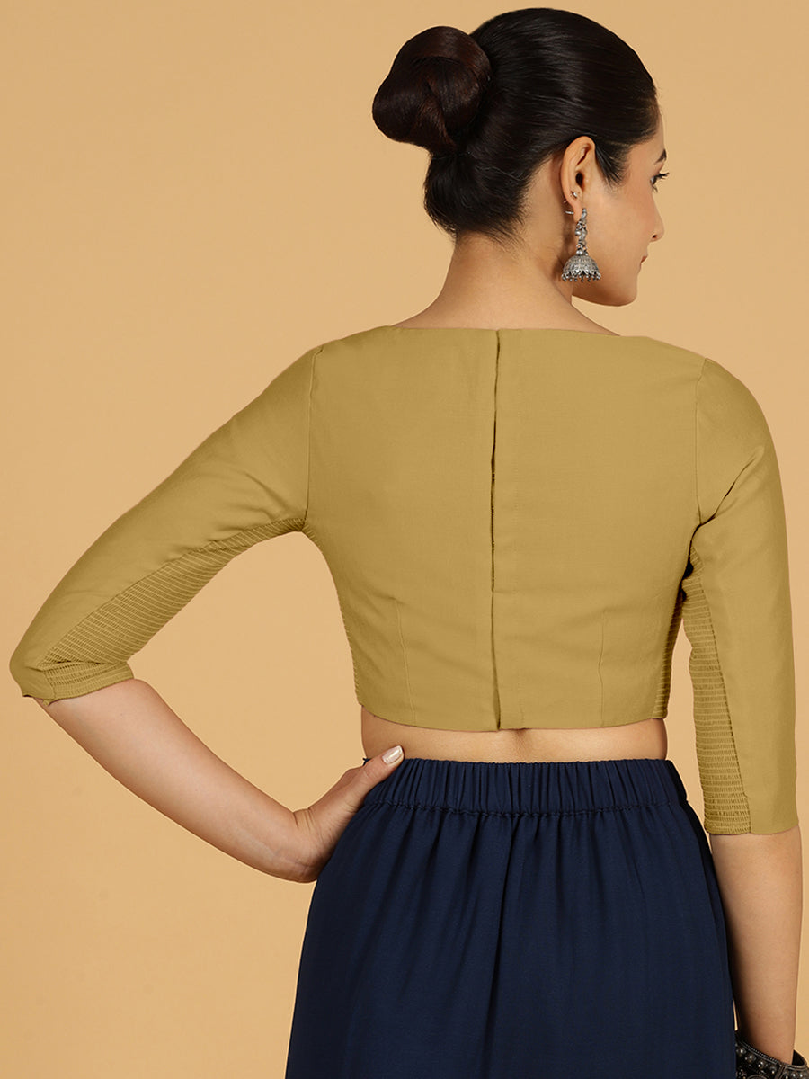 Tamanna x Rozaana Saree Blouse, in Yellow Viscose, featuring three quarter sleeves and boat neckline, made for daily & work.
