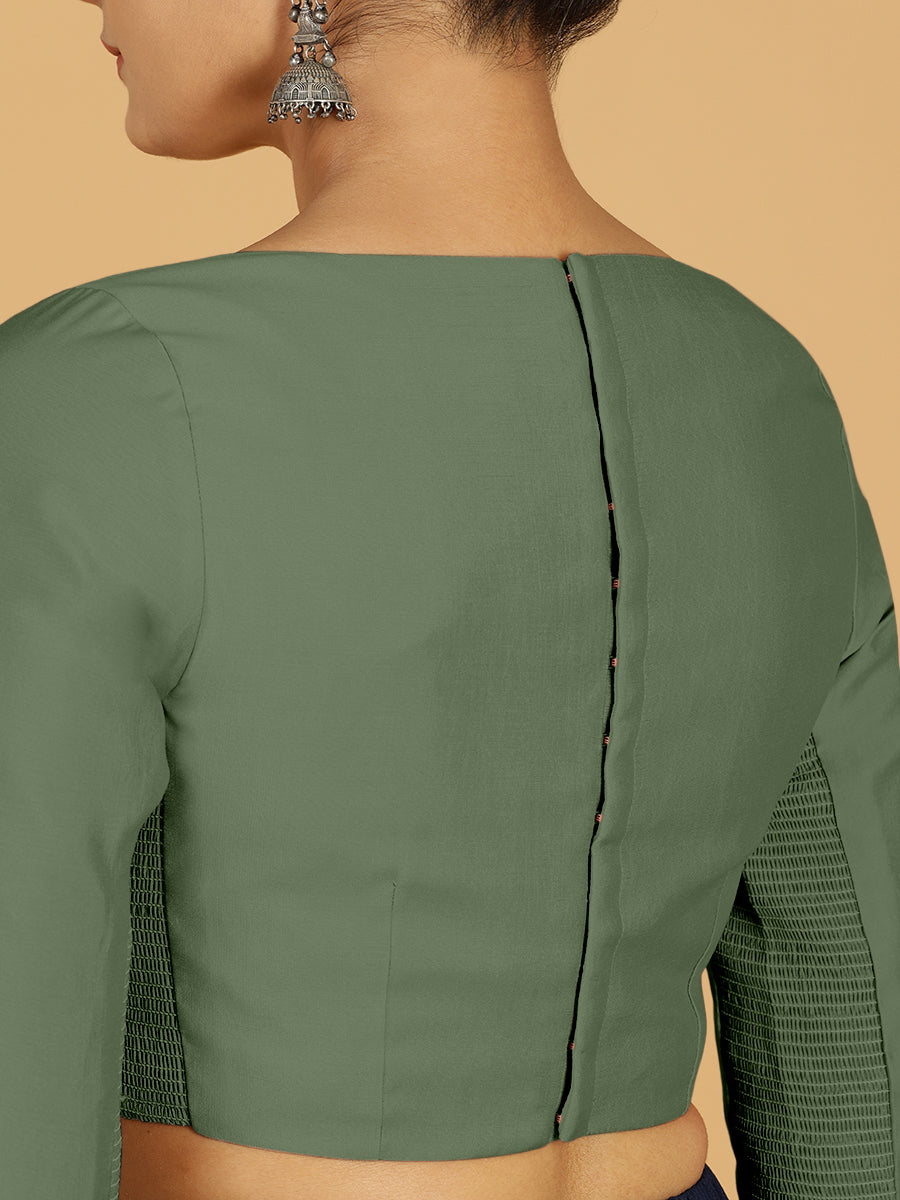Tamanna x Rozaana Saree Blouse, in Green Viscose, featuring three quarter sleeves and boat neckline, made for daily & work.