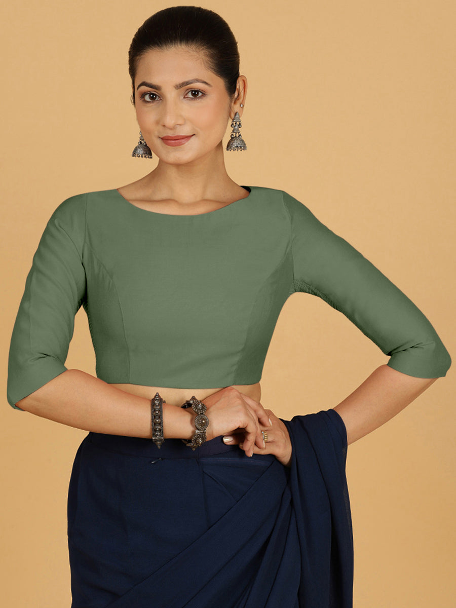 Tamanna x Rozaana Saree Blouse, in Green Viscose, featuring three quarter sleeves and boat neckline, made for daily & work.