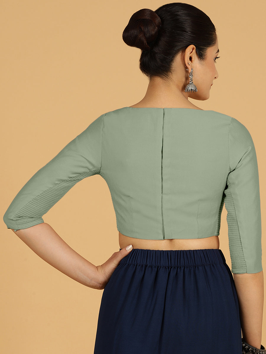 Tamanna x Rozaana Saree Blouse, in Green Viscose, featuring three quarter sleeves and boat neckline, made for daily & work.