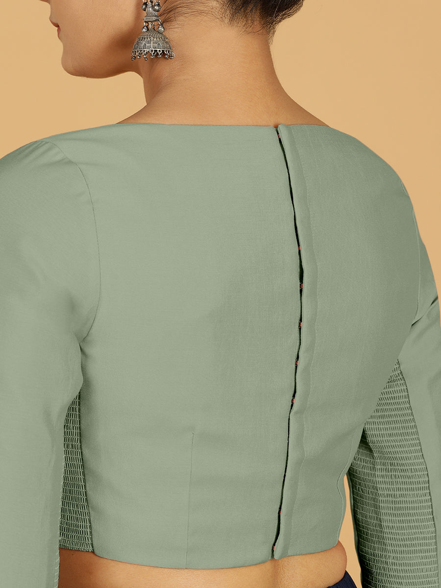 Tamanna x Rozaana Saree Blouse, in Green Viscose, featuring three quarter sleeves and boat neckline, made for daily & work.