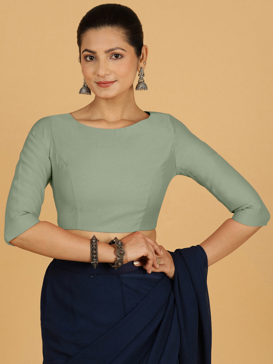 Tamanna x Rozaana Saree Blouse, in Green Viscose, featuring three quarter sleeves and boat neckline, made for daily & work.