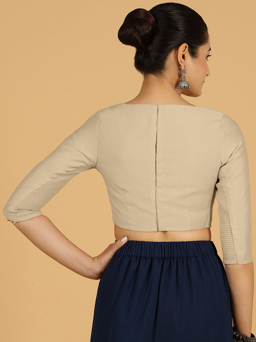 Tamanna x Rozaana Saree Blouse, in Grey Viscose, featuring three quarter sleeves and boat neckline, made for daily & work.