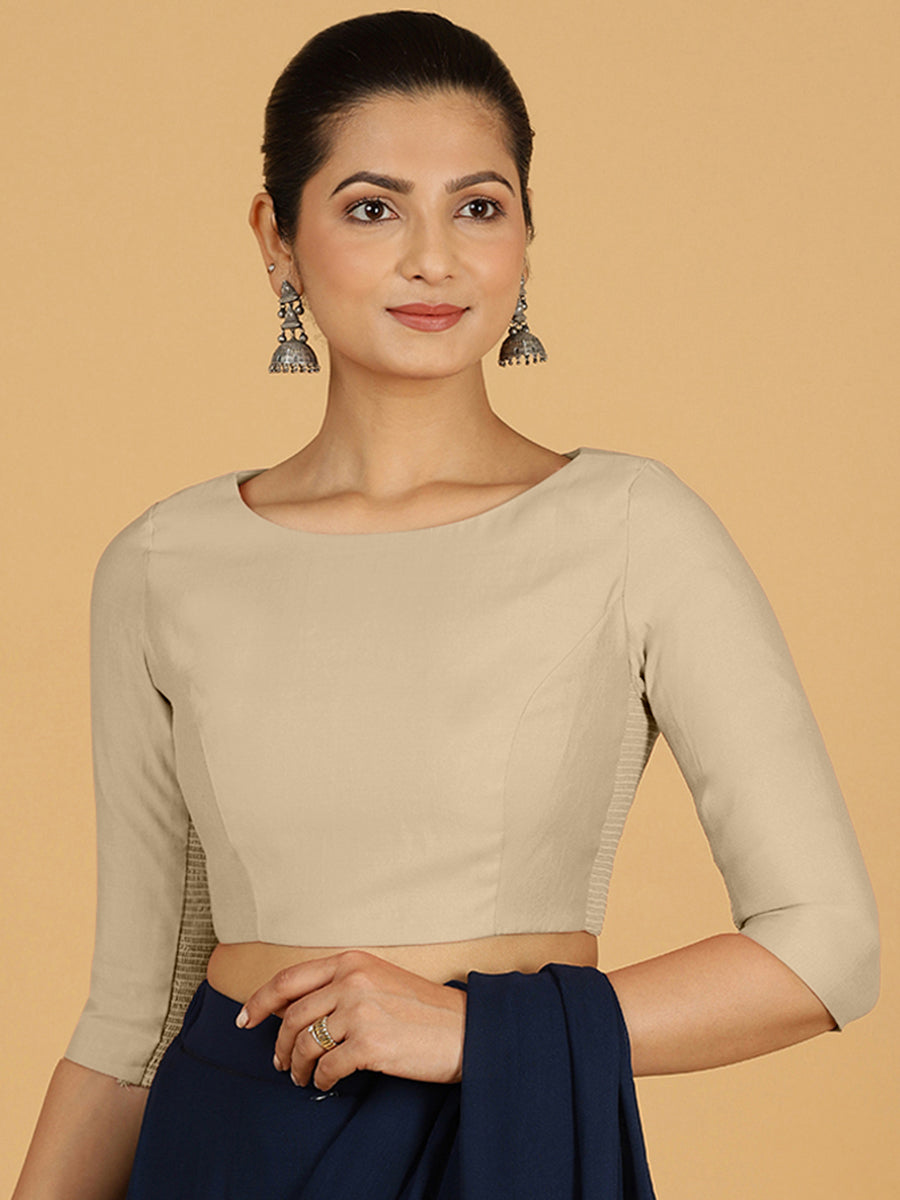 Tamanna x Rozaana Saree Blouse, in Grey Viscose, featuring three quarter sleeves and boat neckline, made for daily & work.