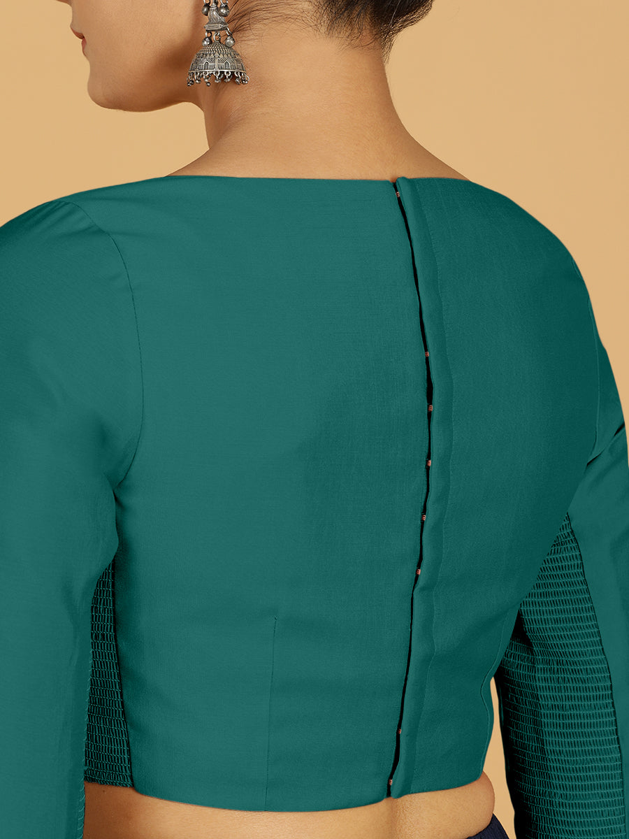 Tamanna x Rozaana Saree Blouse, in Green Viscose, featuring three quarter sleeves and boat neckline, made for daily & work.