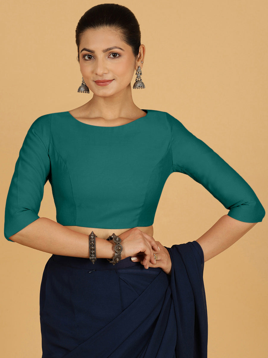 Tamanna x Rozaana Saree Blouse, in Green Viscose, featuring three quarter sleeves and boat neckline, made for daily & work.