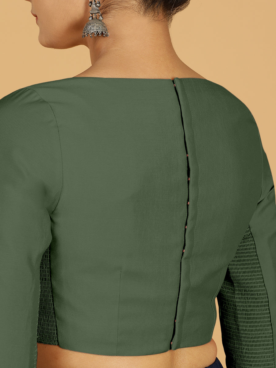 Tamanna x Rozaana Saree Blouse, in Green Viscose, featuring three quarter sleeves and boat neckline, made for daily & work.