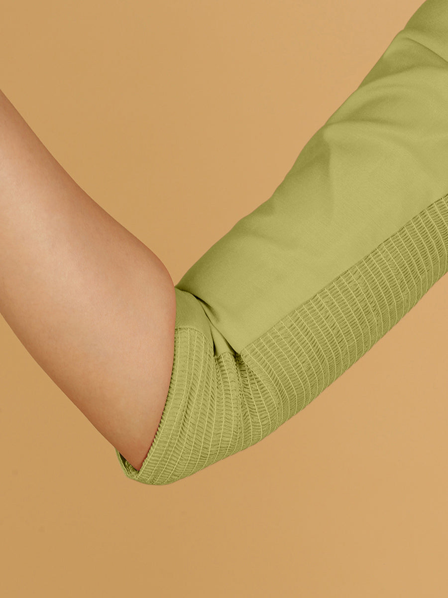 Tamanna x Rozaana Saree Blouse, in Green Viscose, featuring three quarter sleeves and boat neckline, made for daily & work.