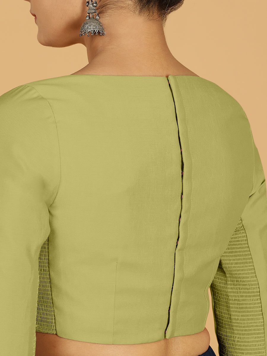 Tamanna x Rozaana Saree Blouse, in Green Viscose, featuring three quarter sleeves and boat neckline, made for daily & work.