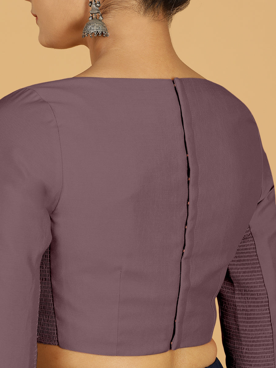 Tamanna x Rozaana Saree Blouse, in Purple Viscose, featuring three quarter sleeves and boat neckline, made for daily & work.