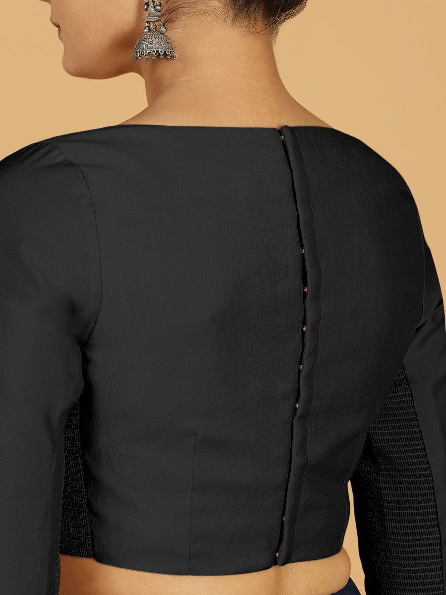 Tamanna x Rozaana Saree Blouse, in Black Viscose, featuring three quarter sleeves and boat neckline, made for daily & work.
