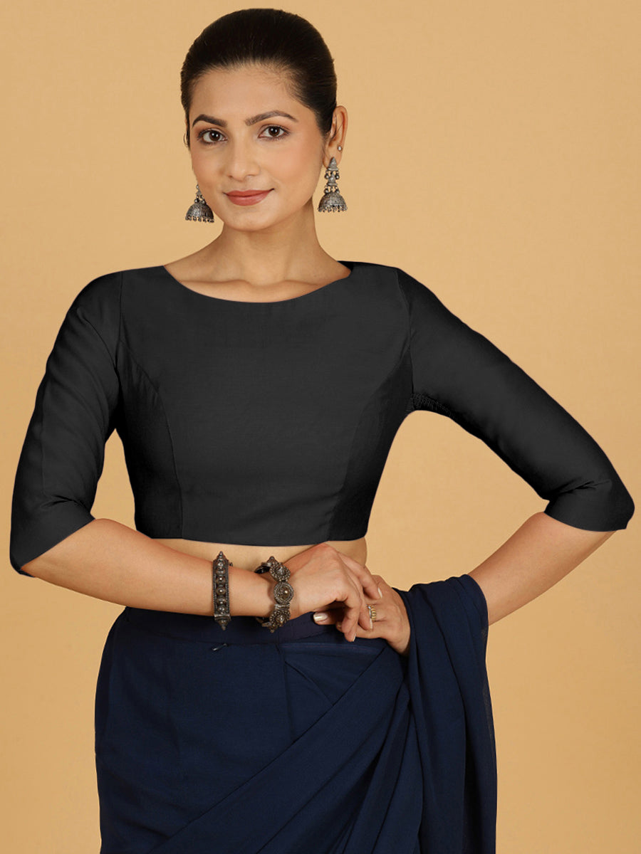 Tamanna x Rozaana Saree Blouse, in Black Viscose, featuring three quarter sleeves and boat neckline, made for daily & work.