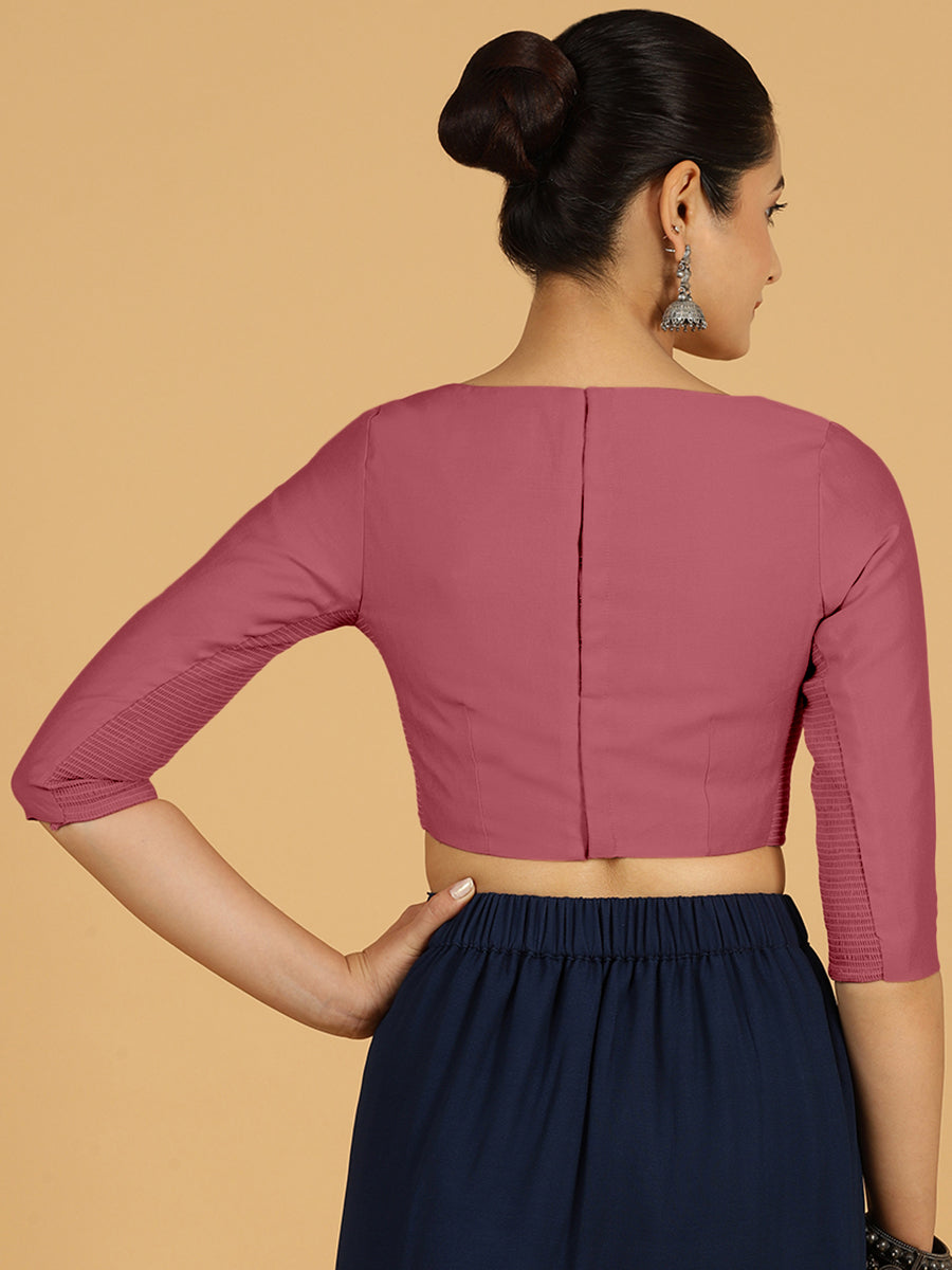 Tamanna x Rozaana Saree Blouse, in Pink Viscose, featuring three quarter sleeves and boat neckline, made for daily & work.