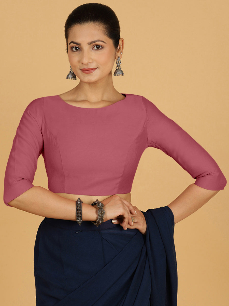 Tamanna x Rozaana Saree Blouse, in Pink Viscose, featuring three quarter sleeves and boat neckline, made for daily & work.