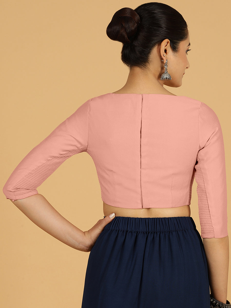 Tamanna x Rozaana Saree Blouse, in Pink Viscose, featuring three quarter sleeves and boat neckline, made for daily & work.