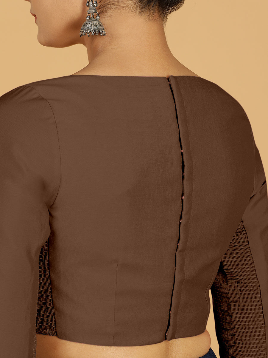 Tamanna x Rozaana Saree Blouse, in Brown Viscose, featuring three quarter sleeves and boat neckline, made for daily & work.