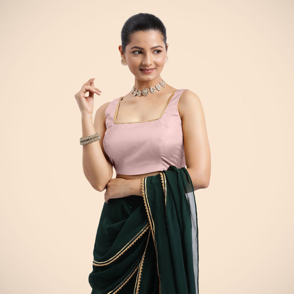 Tanvi x Tyohaar | Sleeveless Baby Pink FlexiFit™ Gota Embellished Saree Blouse with Square Neck