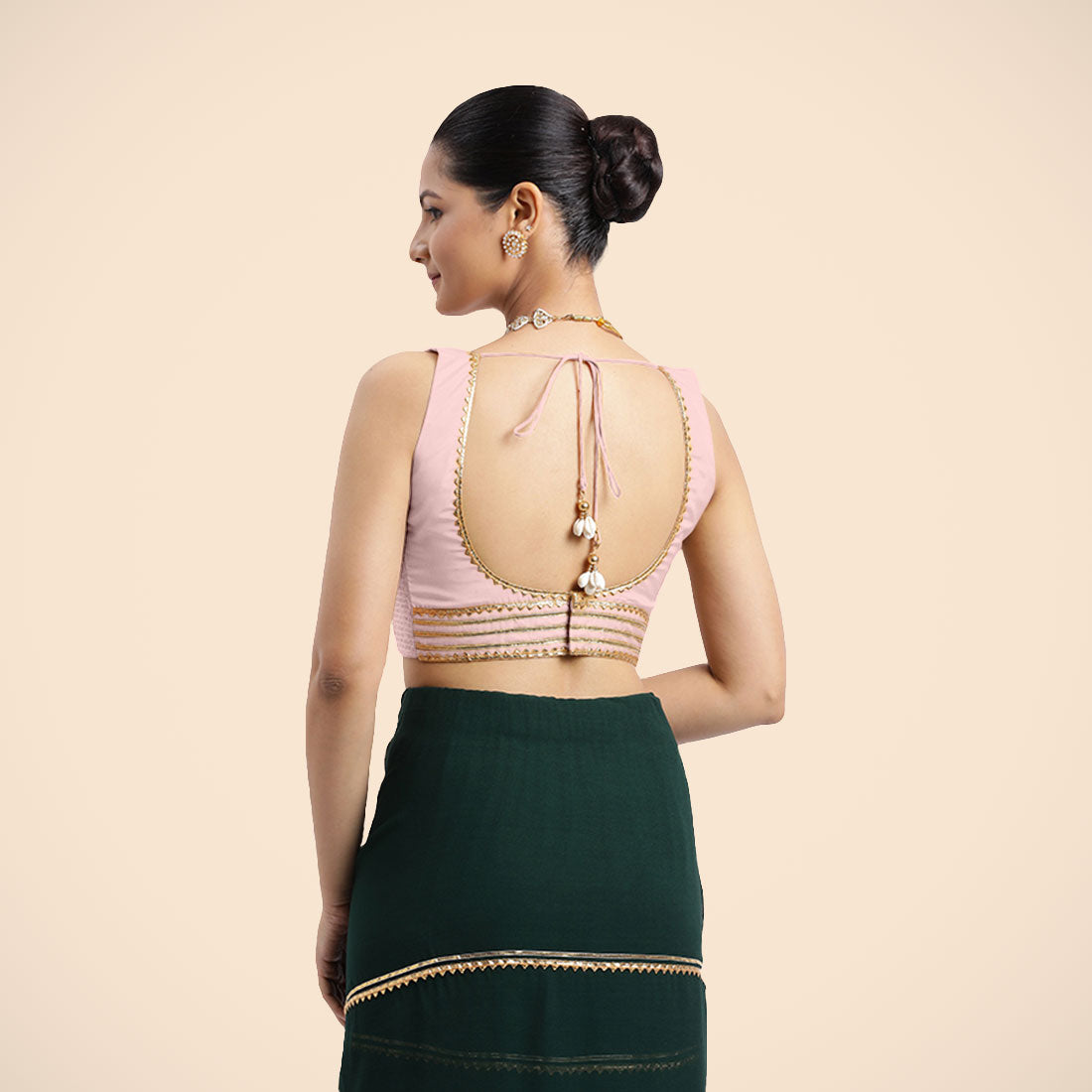 Tanvi x Tyohaar Saree Blouse, in Pink Vegan Silk, featuring sleeveless and square neckline, made for party & festive (view 2).