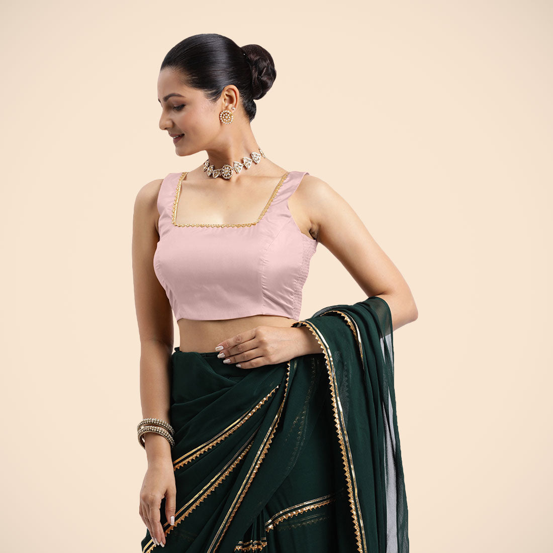 Tanvi x Tyohaar Saree Blouse, in Pink Vegan Silk, featuring sleeveless and square neckline, made for party & festive (view 5).