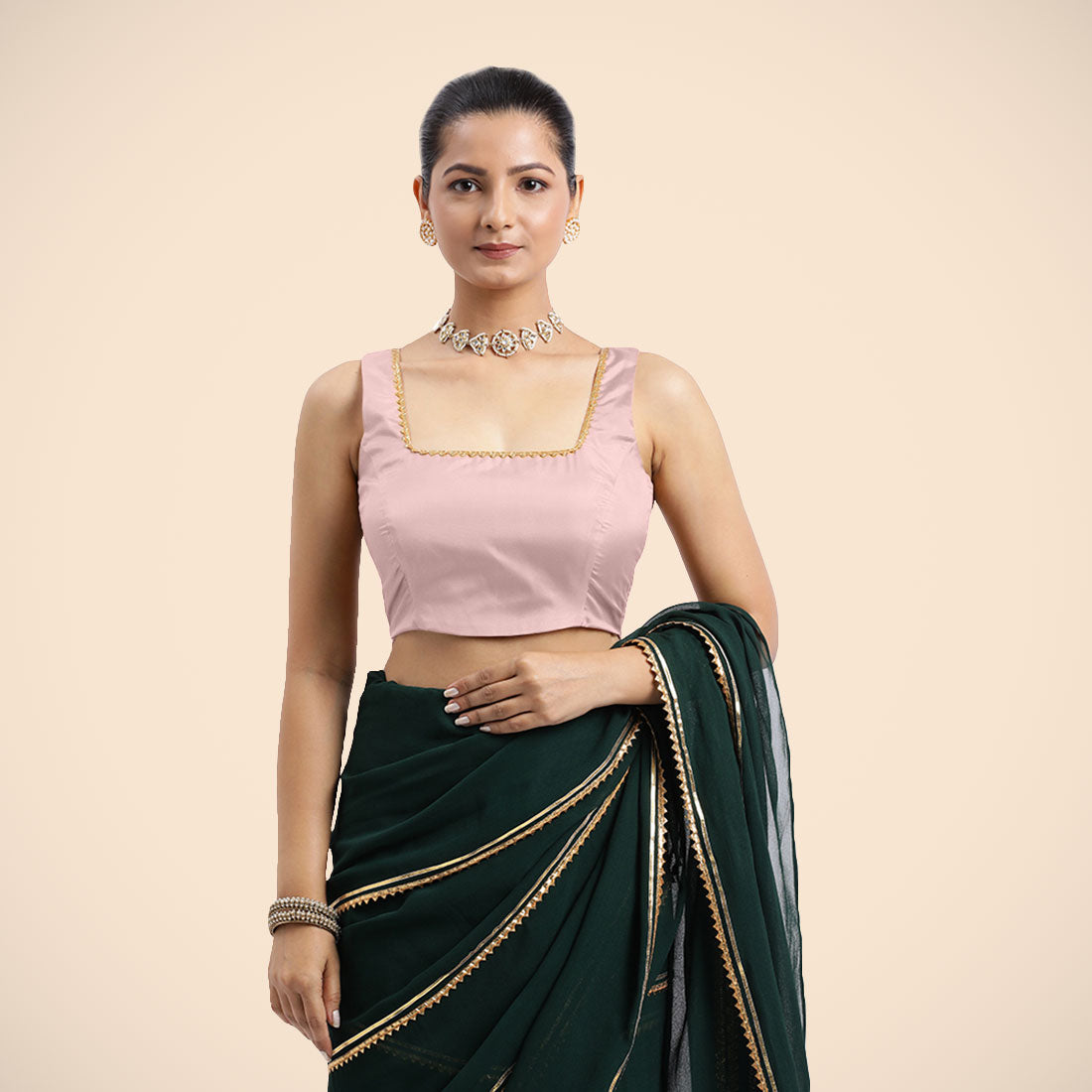 Tanvi x Tyohaar Saree Blouse, in Pink Vegan Silk, featuring sleeveless and square neckline, made for party & festive (view 6).