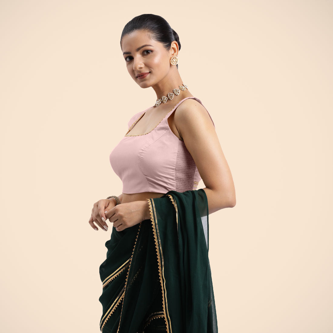 Tanvi x Tyohaar Saree Blouse, in Pink Vegan Silk, featuring sleeveless and square neckline, made for party & festive (view 7).