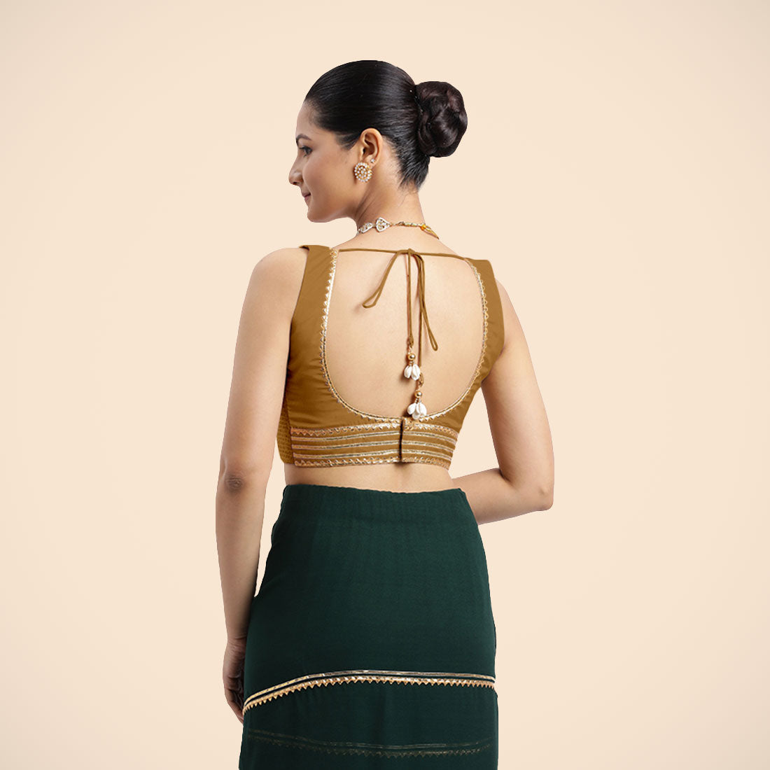 Tanvi x Tyohaar Saree Blouse, in Gold Vegan Silk, featuring sleeveless and square neckline, made for party & festive (view 4).
