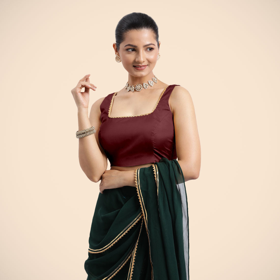 Tanvi x Tyohaar Saree Blouse, in Maroon Vegan Silk, featuring sleeveless and square neckline, made for party & festive (view 3).