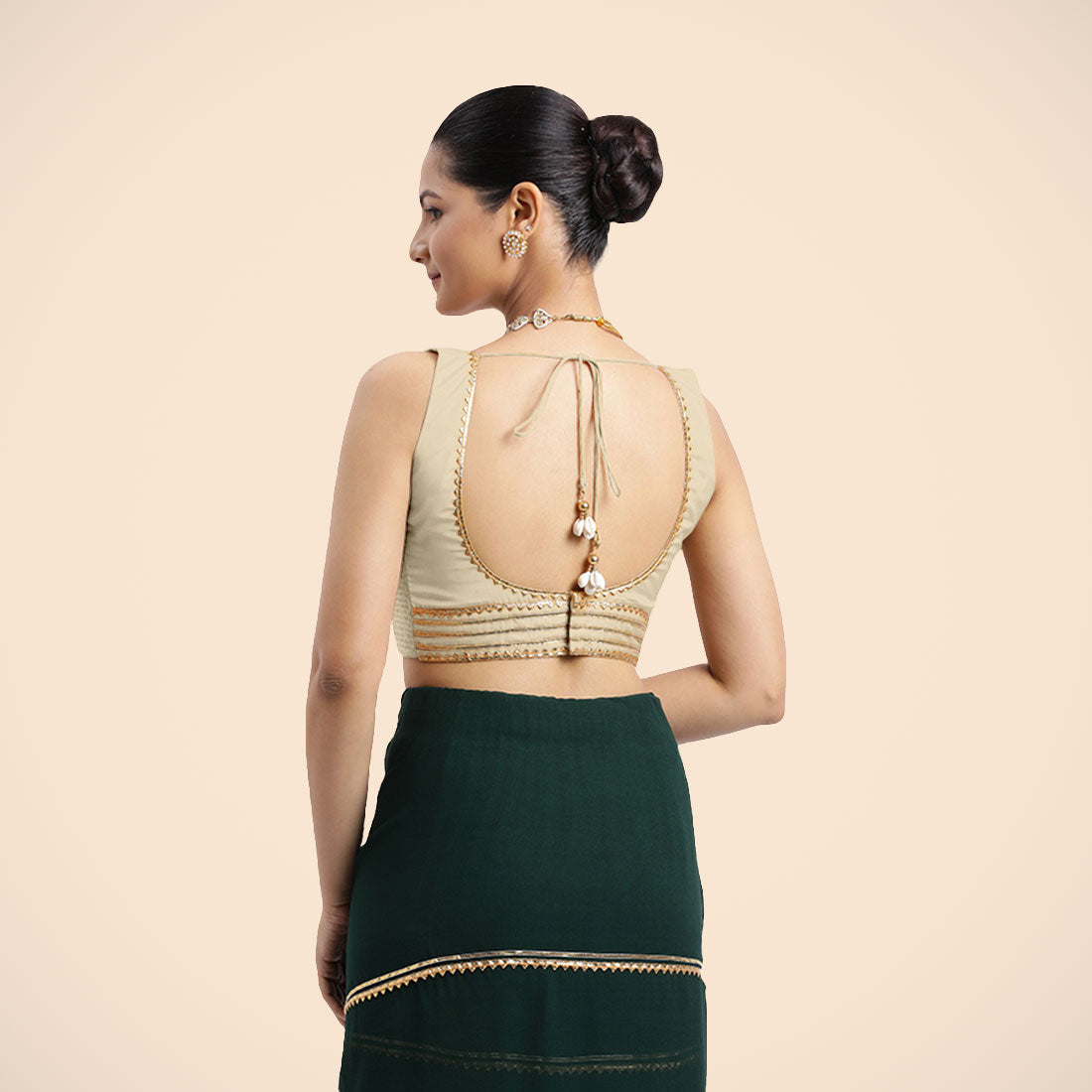 Tanvi x Tyohaar Saree Blouse, in Cream Vegan Silk, featuring sleeveless and square neckline, made for party & festive (view 4).