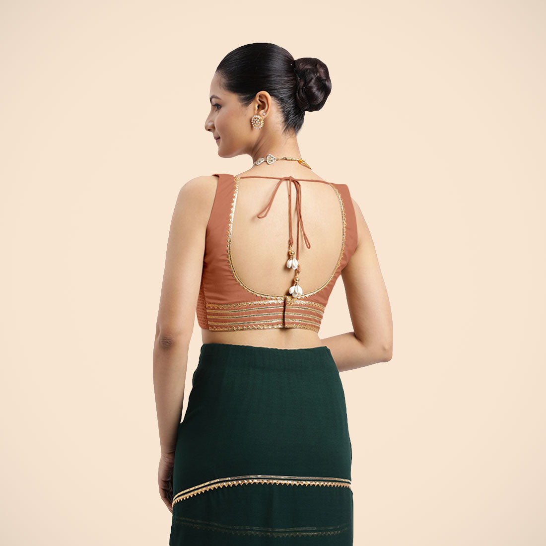 Tanvi x Tyohaar Saree Blouse, in Copper Vegan Silk, featuring sleeveless and square neckline, made for party & festive (view 4).