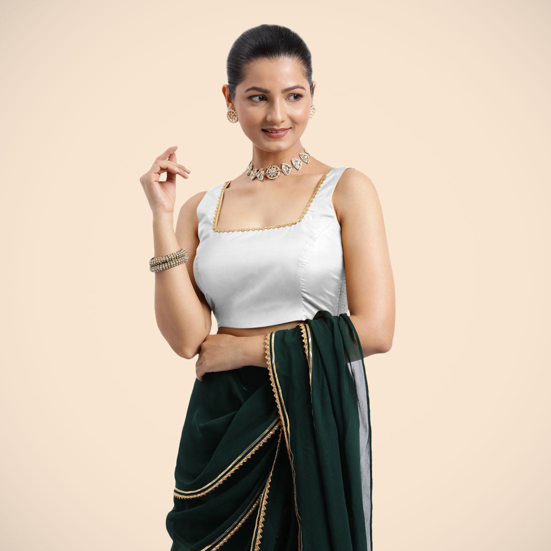 Tanvi x Tyohaar Saree Blouse, in White Vegan Silk, featuring sleeveless and square neckline, made for party & festive (view 3).
