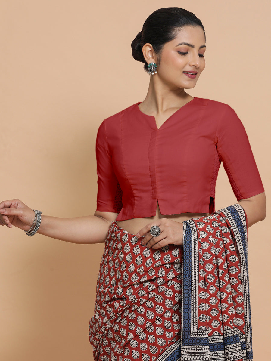 Tejasvi x Rozaana Saree Blouse, in Red 100% Cotton - Solid, featuring elbow sleeves and round neckline (view 5).