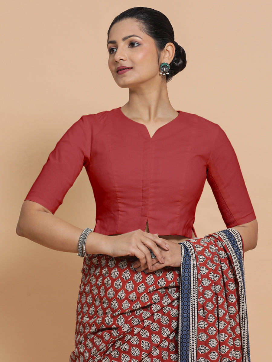 Tejasvi x Rozaana Saree Blouse, in Red 100% Cotton - Solid, featuring elbow sleeves and round neckline (view 6).