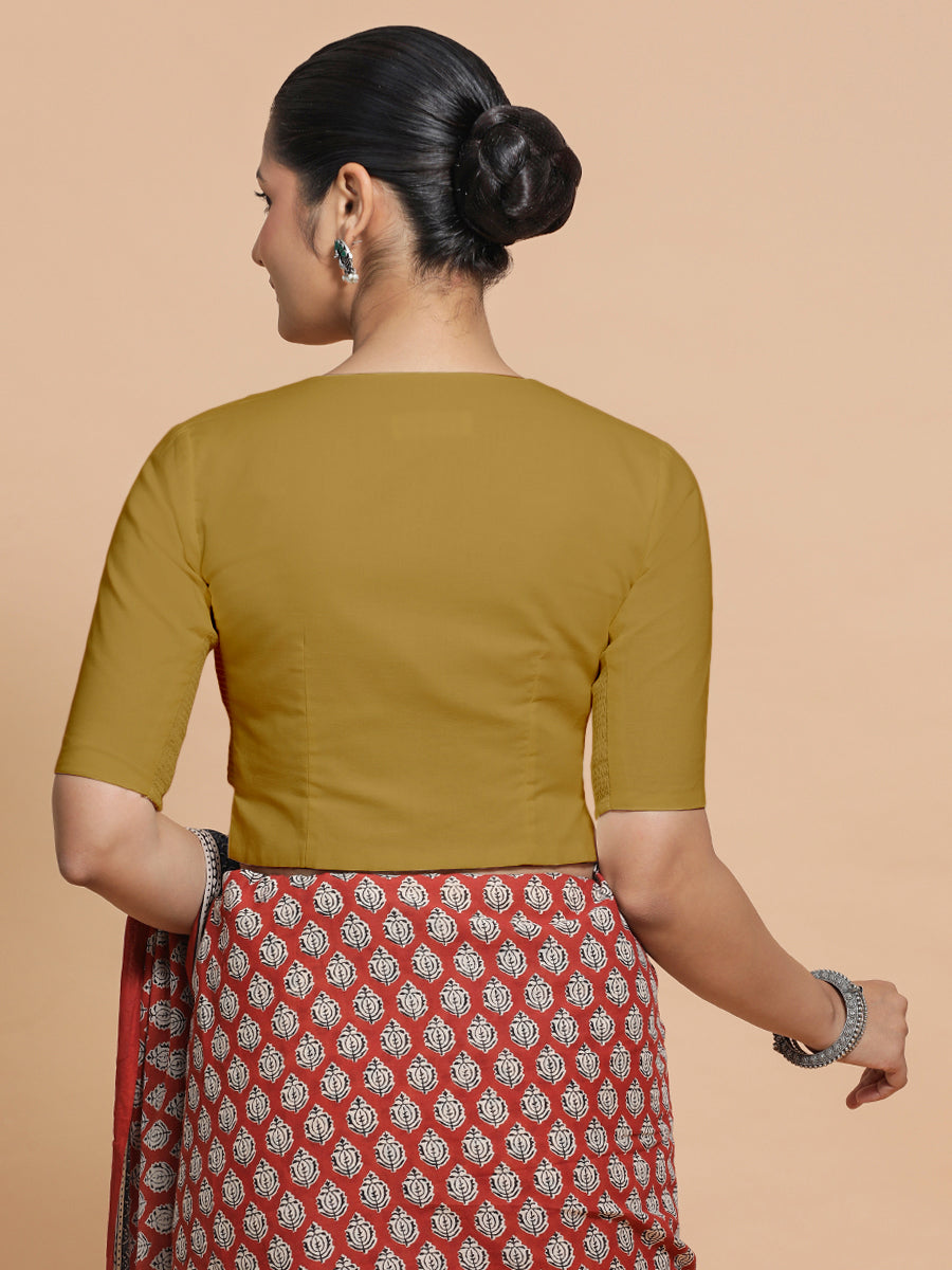 Tejasvi x Rozaana Saree Blouse, in Beige Cotton, featuring elbow sleeves and round neckline, made for daily & work (view 2).