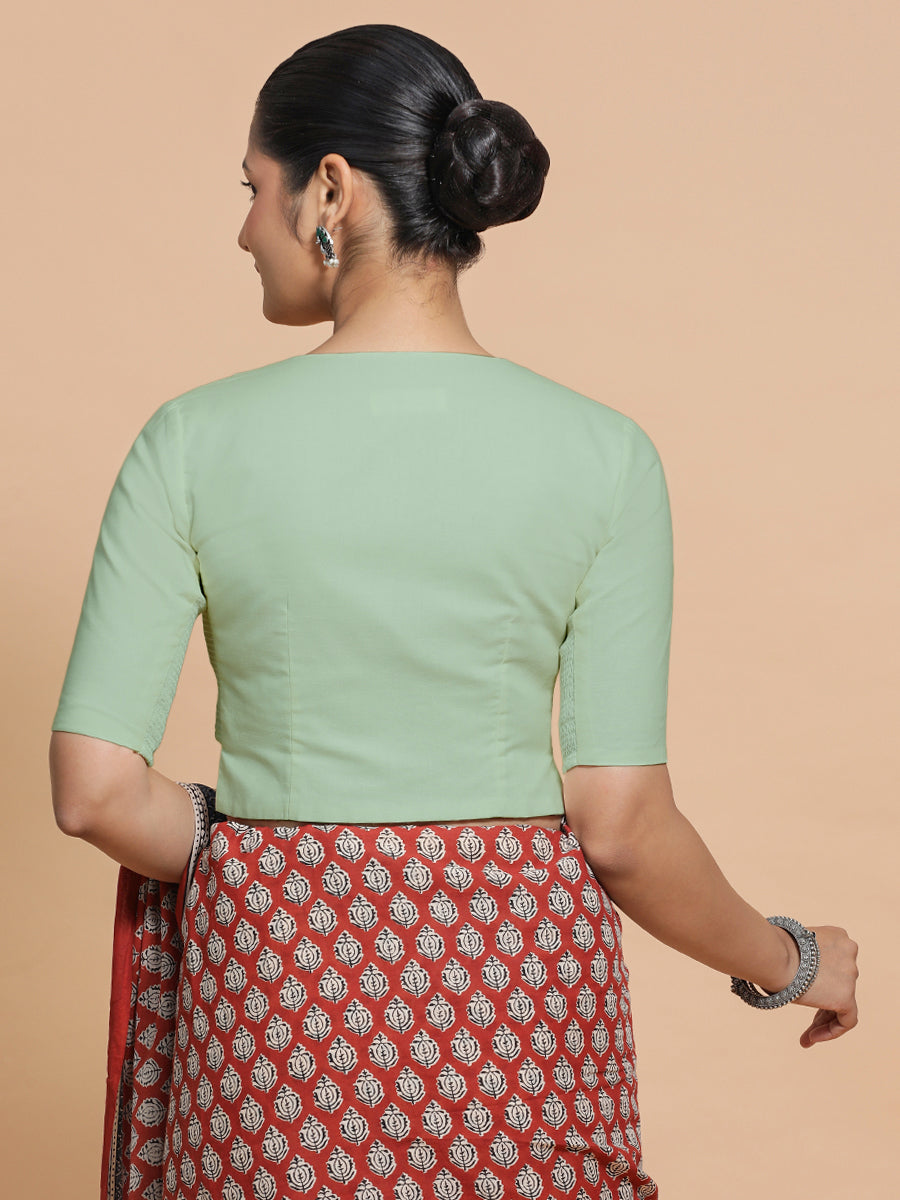 Tejasvi x Rozaana Saree Blouse, in Green Cotton, featuring elbow sleeves and round neckline, made for daily & work (view 2).