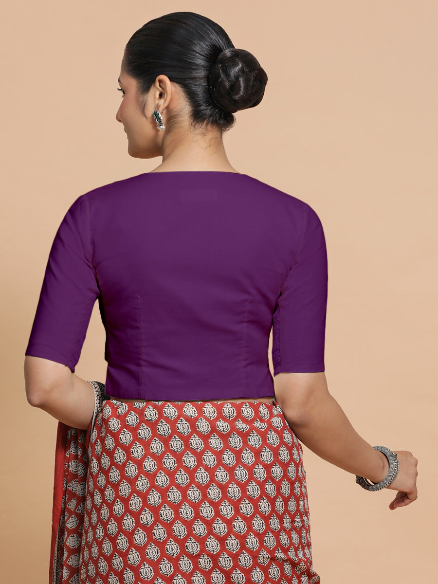 Tejasvi x Rozaana Saree Blouse, in Pink Cotton, featuring elbow sleeves and round neckline, made for daily & work (view 2).