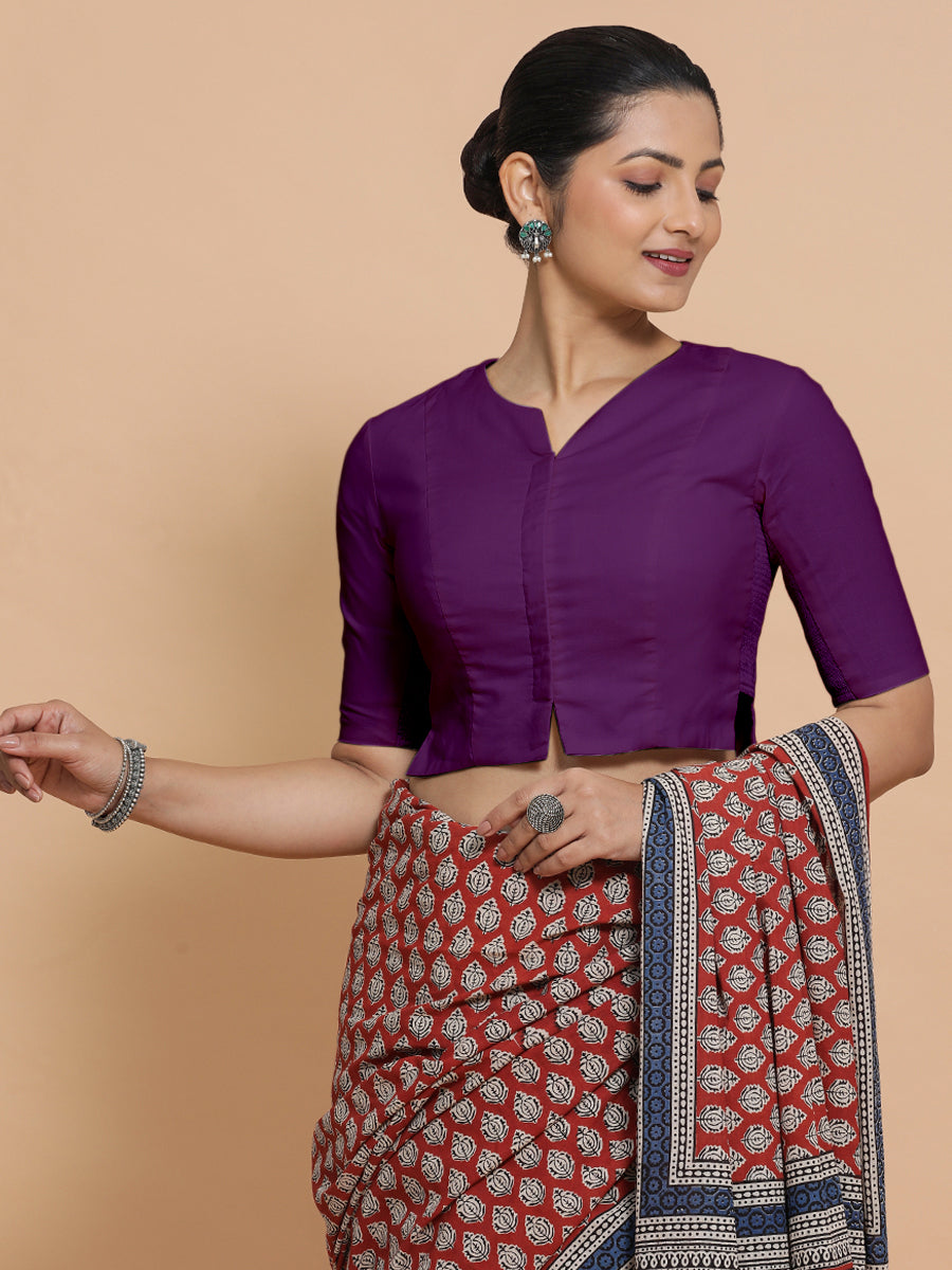 Tejasvi x Rozaana Saree Blouse, in Pink Cotton, featuring elbow sleeves and round neckline, made for daily & work (view 5).