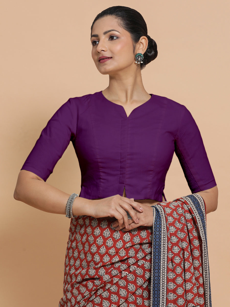 Tejasvi x Rozaana Saree Blouse, in Pink Cotton, featuring elbow sleeves and round neckline, made for daily & work (view 6).