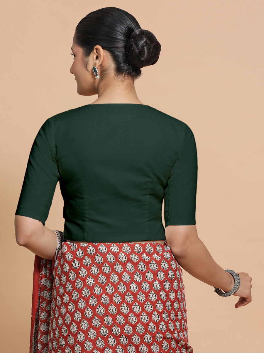 Tejasvi x Rozaana Saree Blouse, in Green Cotton, featuring elbow sleeves and round neckline, made for daily & work (view 2).