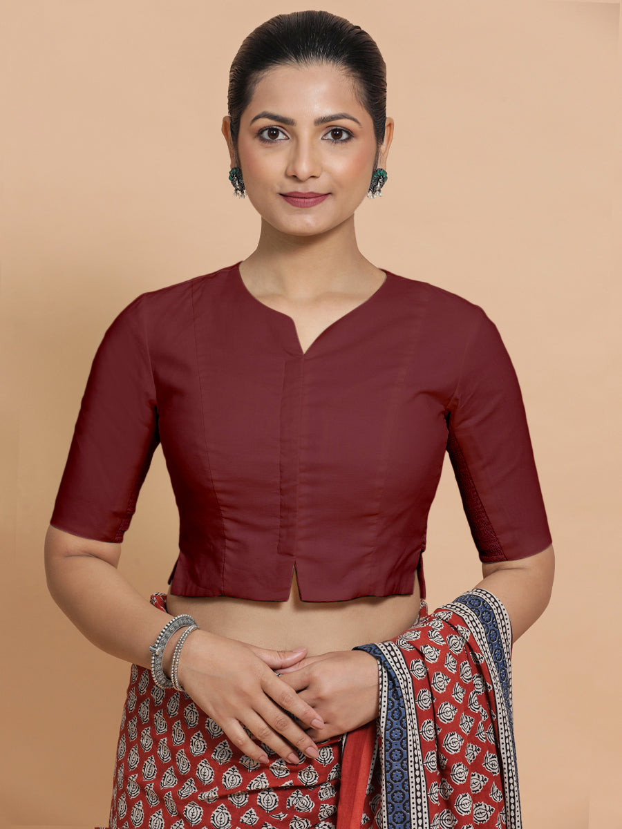 Tejasvi x Rozaana Saree Blouse, in Maroon Cotton, featuring elbow sleeves and round neckline, made for daily & work (view 2).