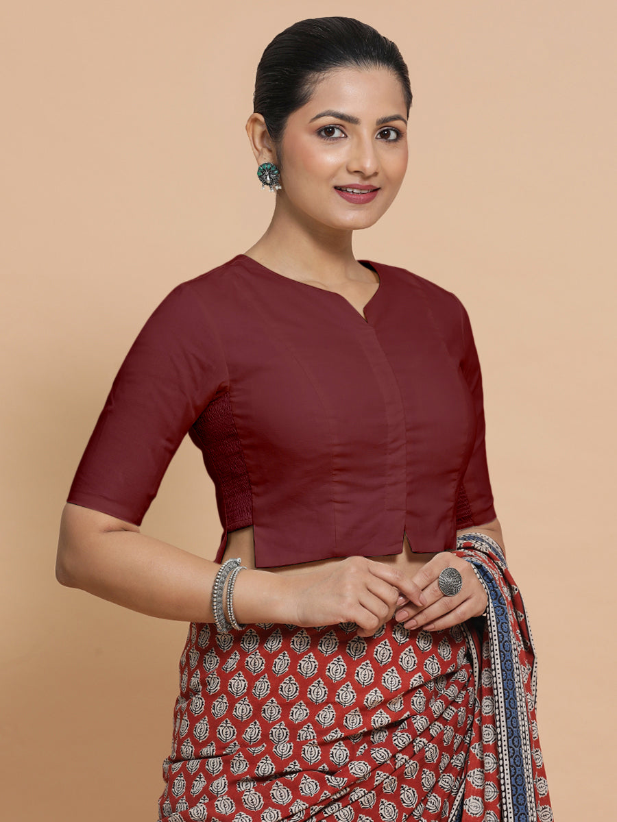 Tejasvi x Rozaana Saree Blouse, in Maroon Cotton, featuring elbow sleeves and round neckline, made for daily & work (view 7).