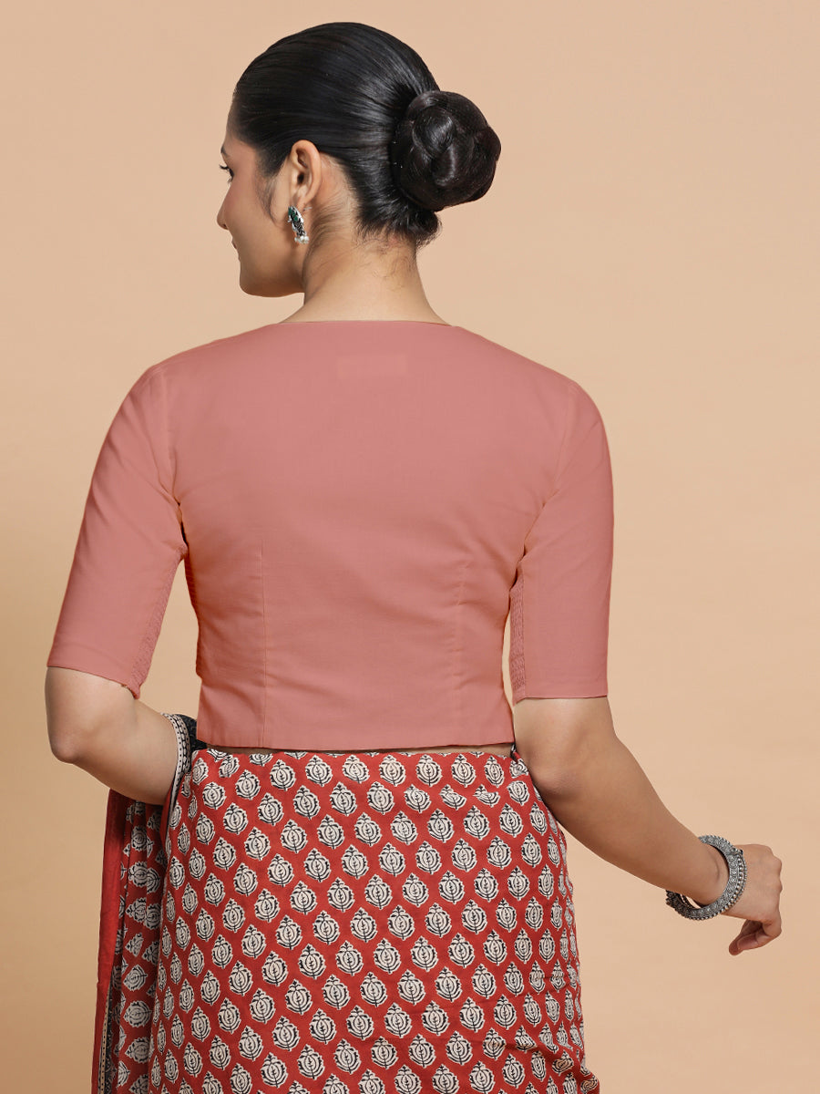 Tejasvi x Rozaana Saree Blouse, in Peach Cotton, featuring elbow sleeves and round neckline, made for daily & work (view 2).
