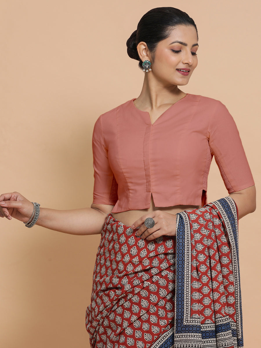 Tejasvi x Rozaana Saree Blouse, in Peach Cotton, featuring elbow sleeves and round neckline, made for daily & work (view 5).
