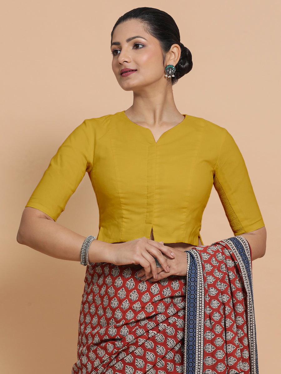 Tejasvi x Rozaana Saree Blouse, in Yellow Cotton, featuring elbow sleeves and round neckline, made for daily & work (view 6).