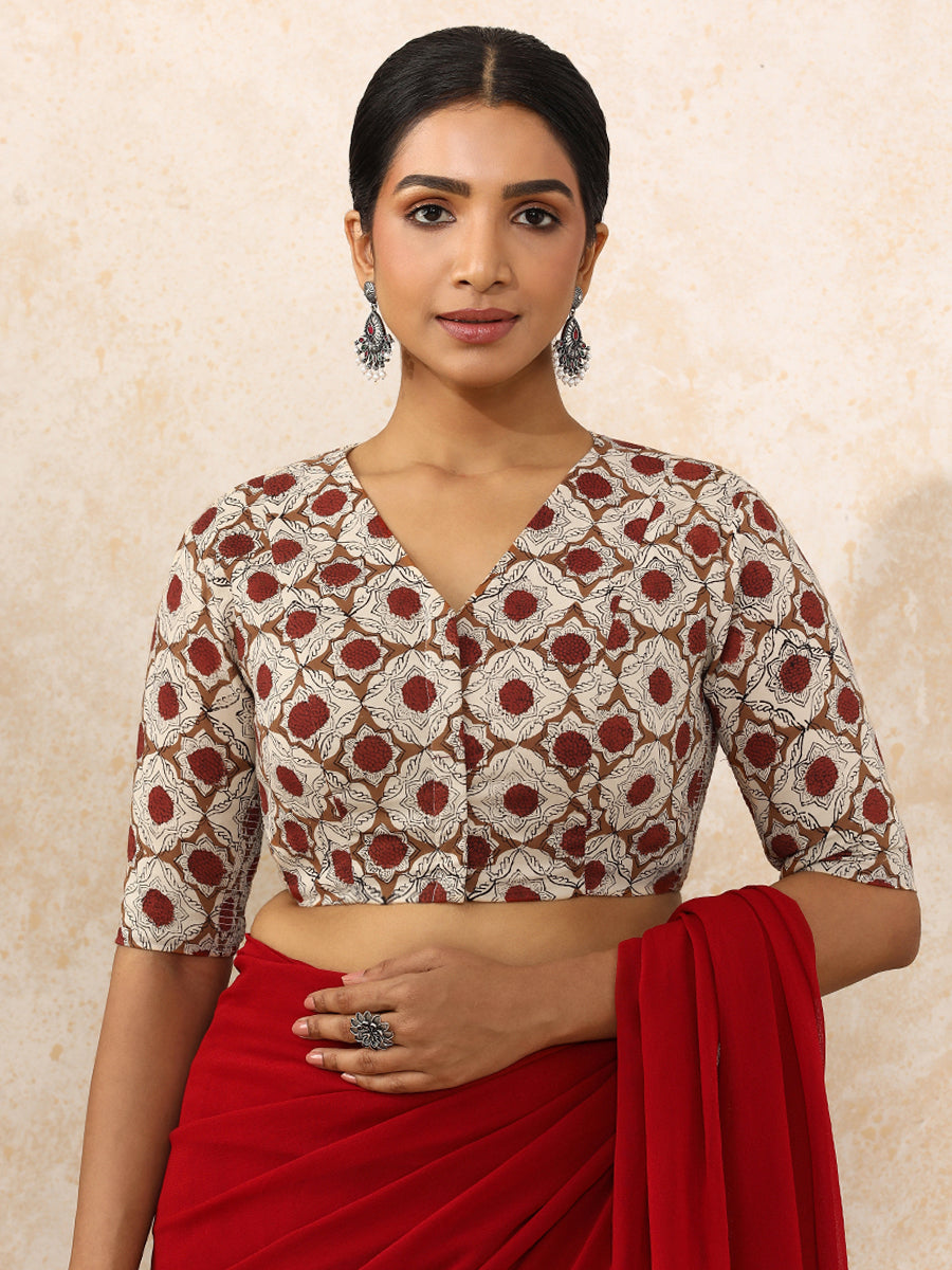 Tisha x Rozaana | Elbow Sleeves Saree Blouse in Red Dahlia Block Print Cotton