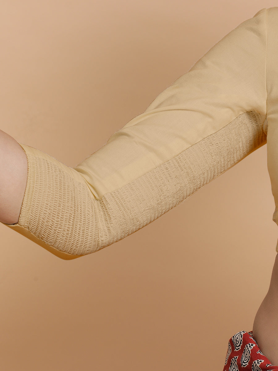 Tripti x Rozaana Saree Blouse, in Beige Linen, featuring three quarter sleeves and mandarin collar neckline (view 5).