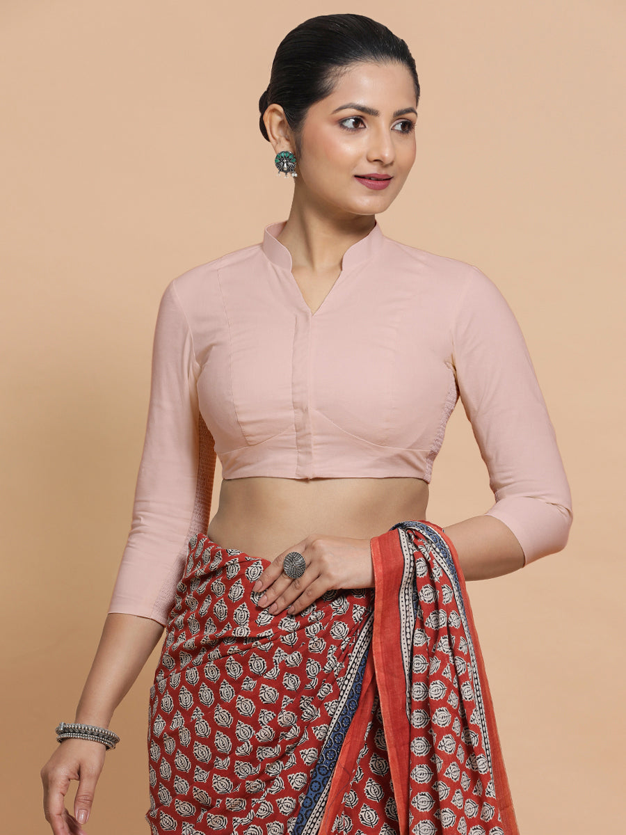 Tripti x Rozaana Saree Blouse, in Pink Linen, featuring three quarter sleeves and mandarin collar neckline (view 6).