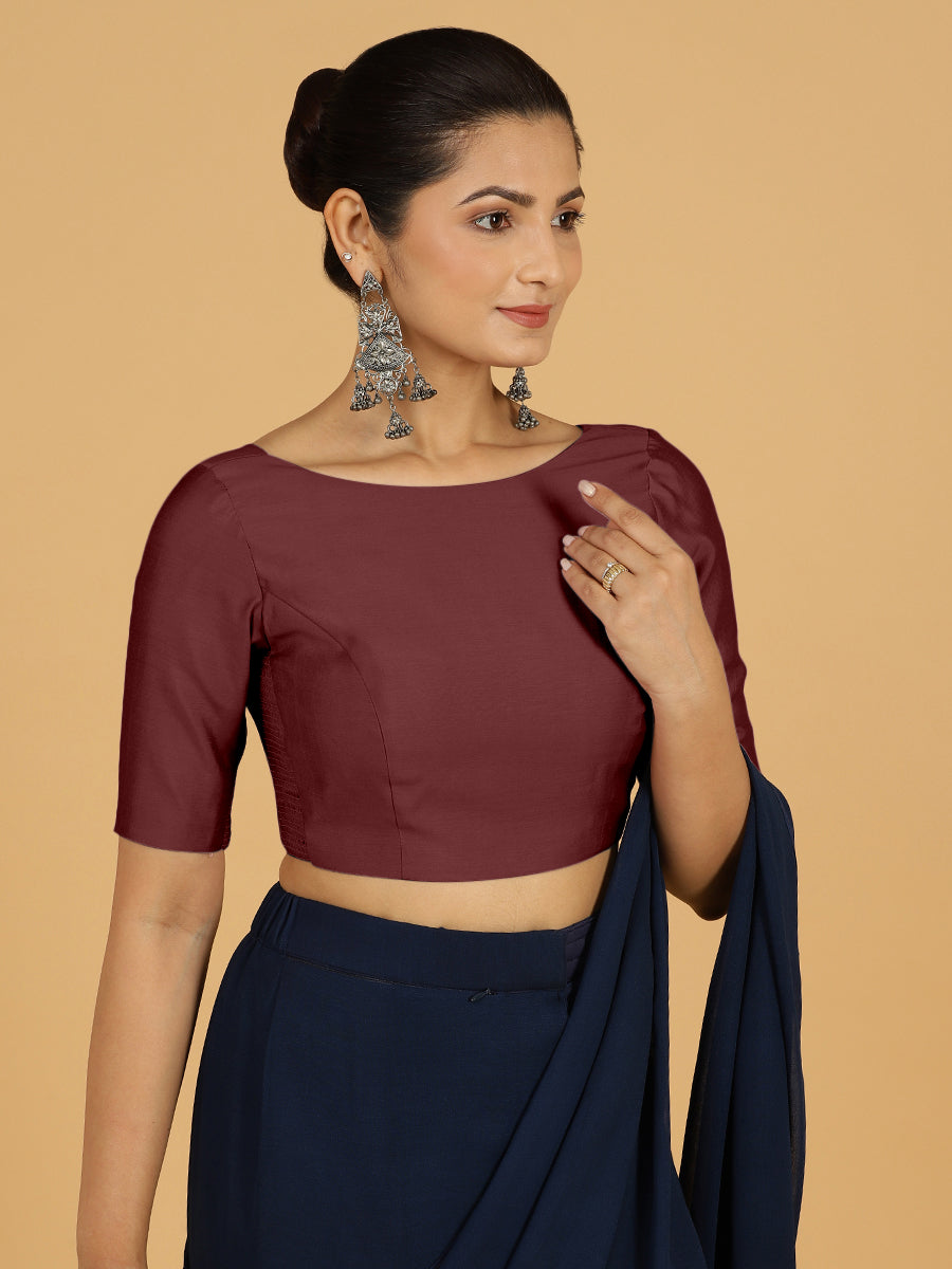 Trisha x Rozaana Saree Blouse, in Maroon Viscose, featuring elbow sleeves and boat neckline, made for daily & work (view 5).